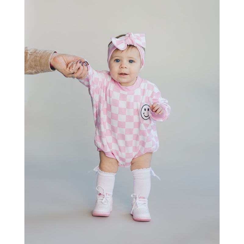 Bubble Romper | Checkered Smiley Pink