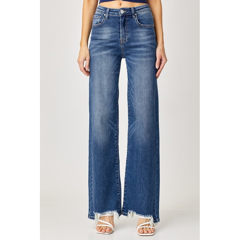 High Rise Frayed Hem Wide Leg Jeans