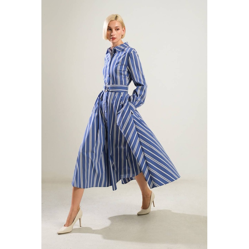 PETAL POWER MIDI SHIRT DRESS|BLUE/WHITE/GOLD|S|M|L