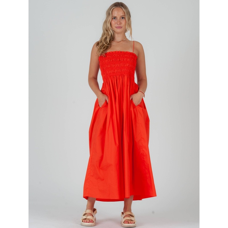 Poplin Orange Smocked Midi Dress