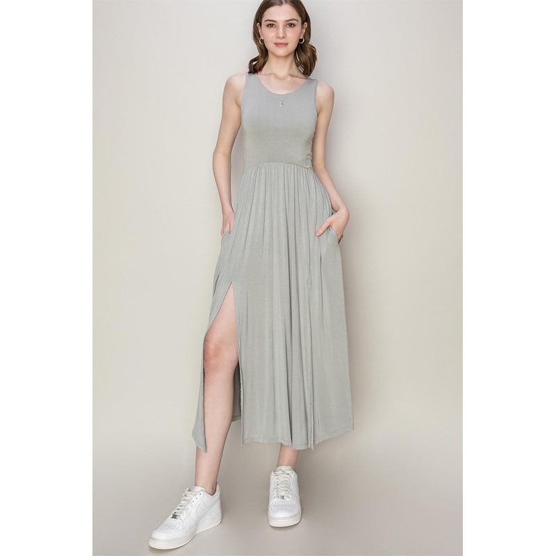 Sleeveless Slit Midi Dress|Gray|S|M|L