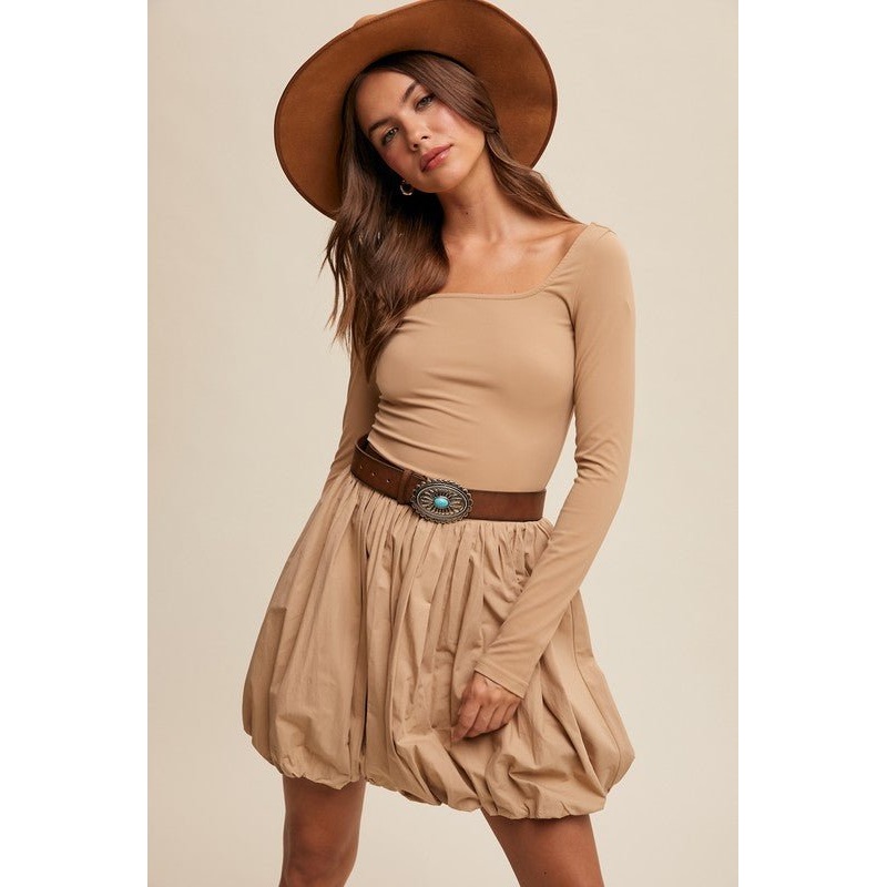 Square Neck Long Sleeve Bubble Skirt Dress Romper