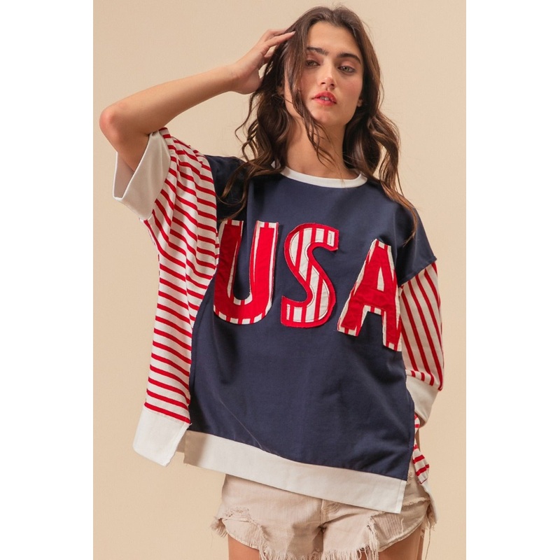 USA Letter Patchwork Contrast Short Sleeve T-Shirt