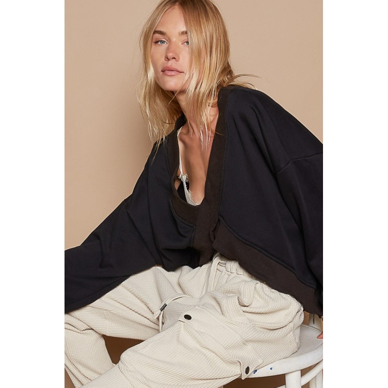 V-Cutout Rib Band Long Sleeve Sweatshirt