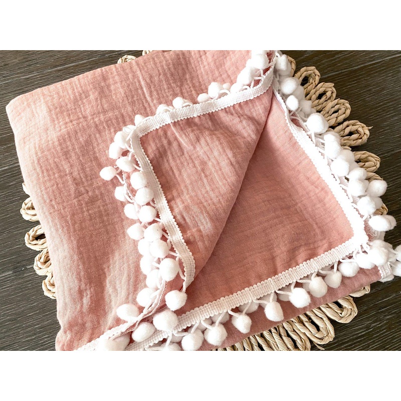 Dusty Pink Pom Muslin Swaddle Blanket