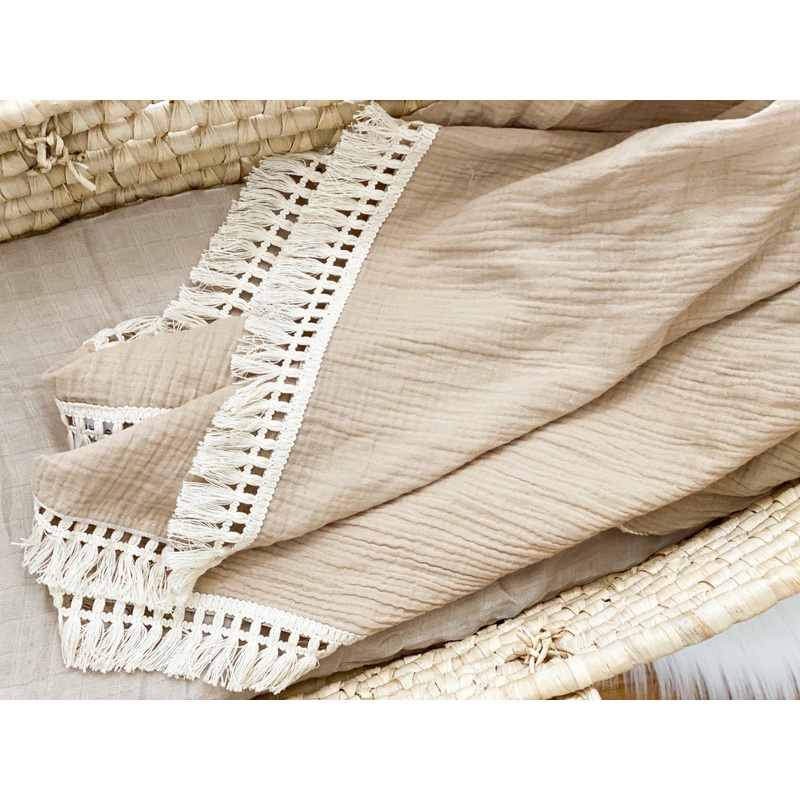 Fringe Swaddle Blanket – Tan