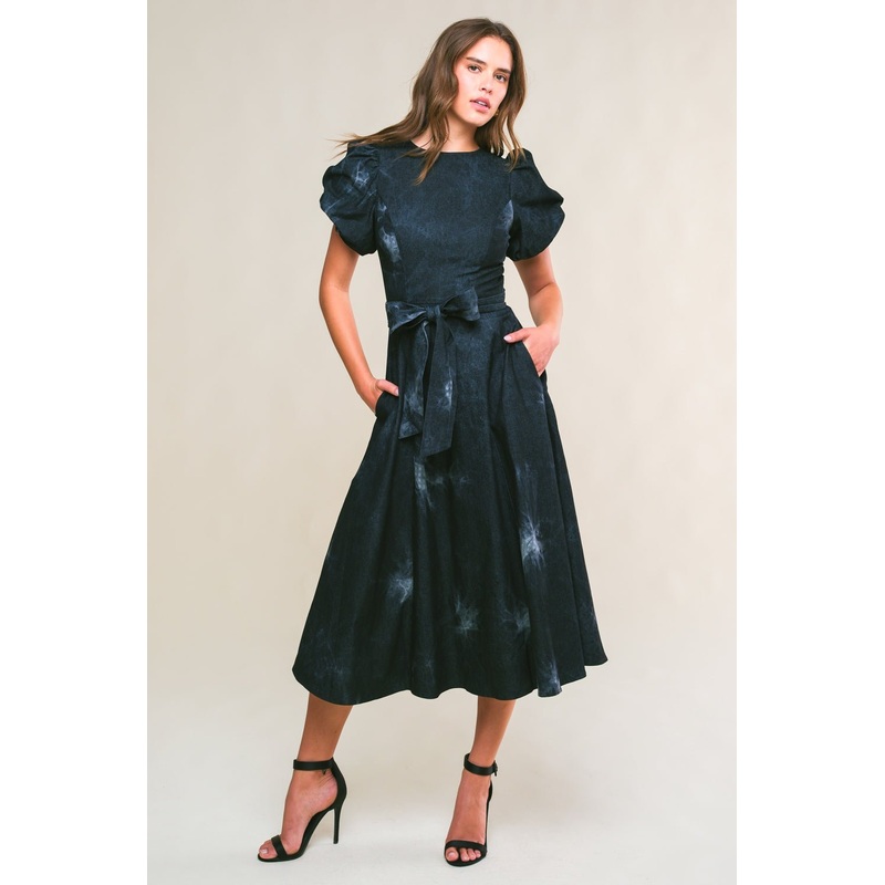 GARDEN GRACE TWILL MIDI DRESS|BLACK DENIM|S|M|L