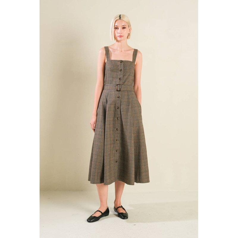 HAPPY CHANCE WOVEN MIDI DRESS|BROWN/BLACK|S|M|L