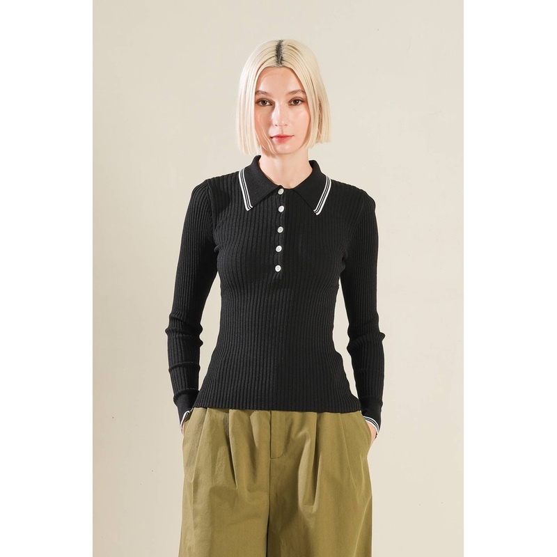 I’LL THINK ABOUT POLO TOP|BROWN/CREAM|BLACK/WHITE|S|M|L
