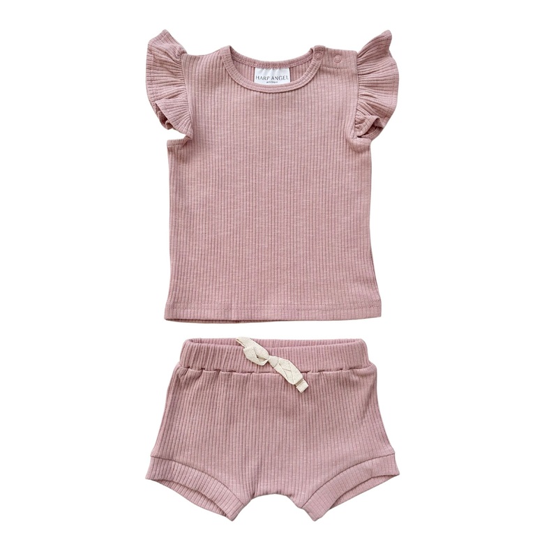 Ruffle Ribbed Short Set – Dusty Rose