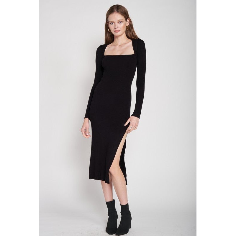 SQUARE NECK MIDI DRESS WITH SLIT