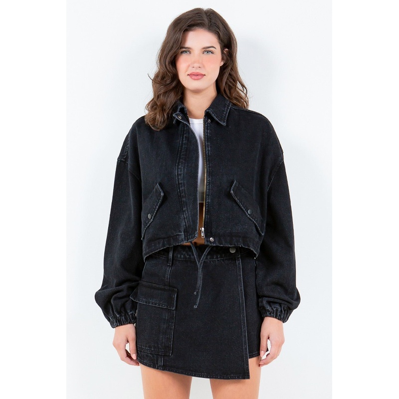 Drawstring Waist Crop Denim Jacket