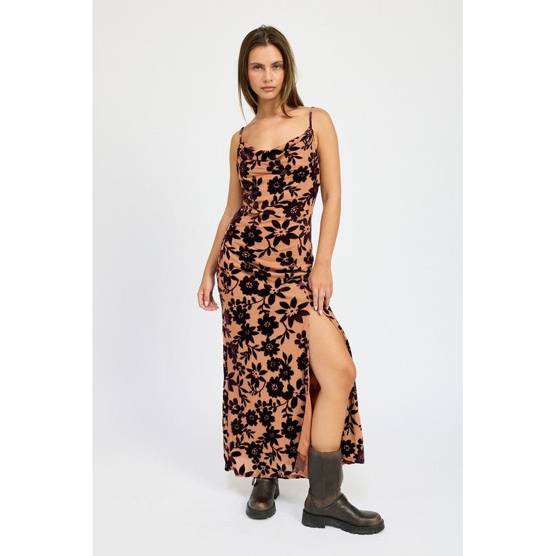 FLORAL PRINT COWL NECK MAXI DRESS