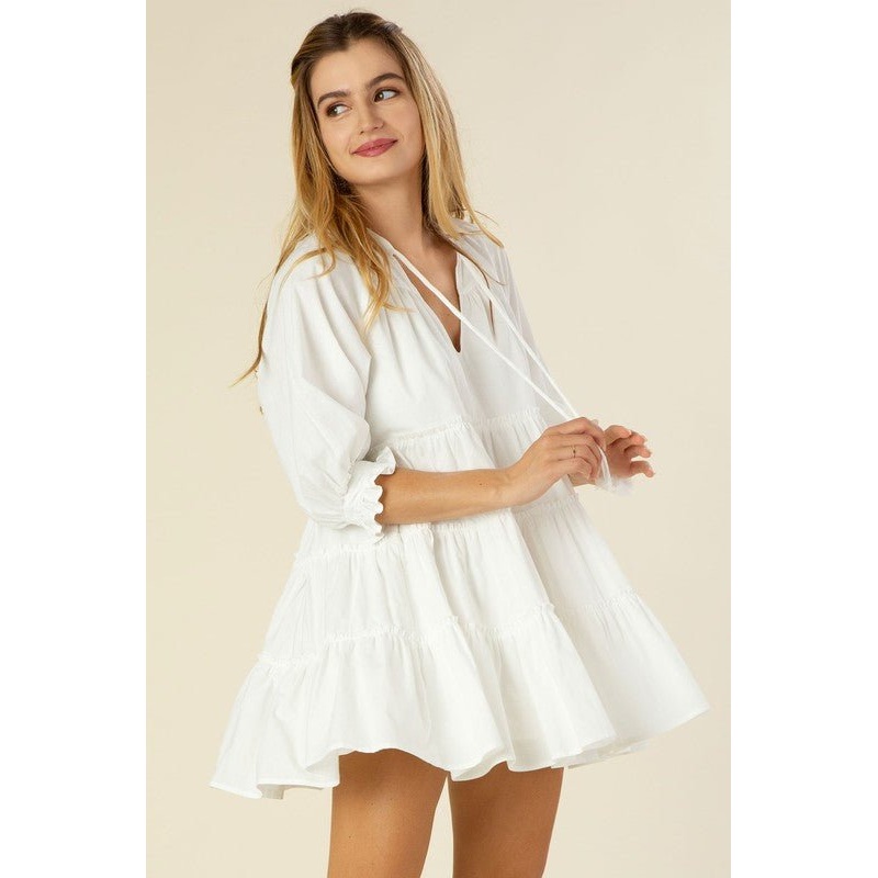 Tiered mini dress with tassel|Off white|M|L|XL
