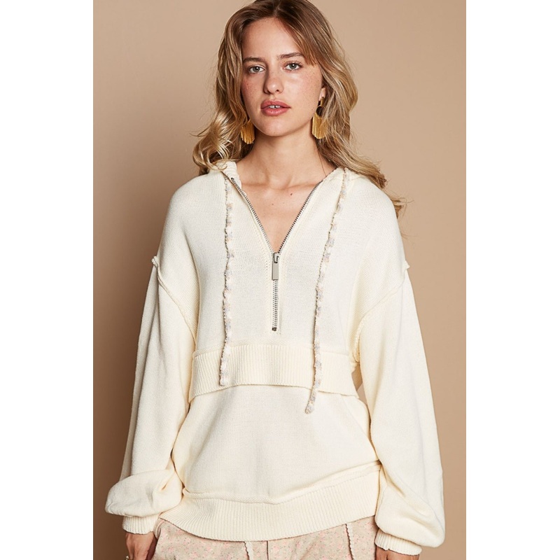 Half Zip Drop Shoulder Hooded Sweater