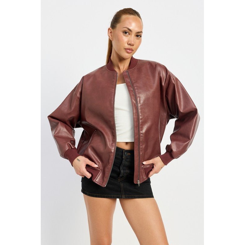 VINTAGE LEATHER BOMBER JACKET|BURGUNDY|IVORY|S|M|L