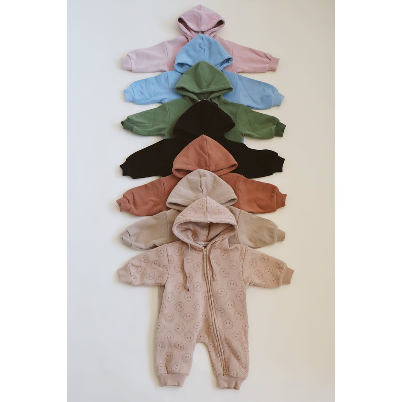 Zip Up Hooded Jumpsuit|Newborn|0-3 Months|3-6 Months|6-12 Months|1-2T|2-3T|3-4T|5-6Y|Black|Green|Beige|Pink|Blue|Heather Grey|Chocolate Brown