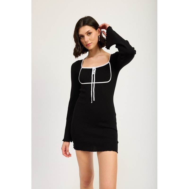 LETTUCE HEM MINI DRESS WITH FRONT TIE