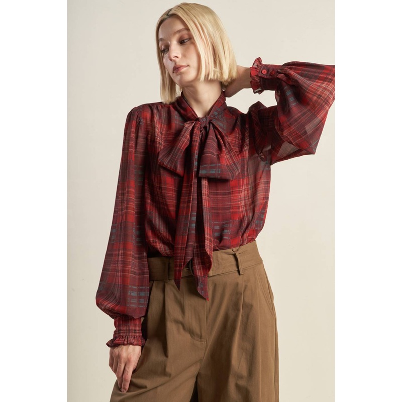 LOVELY INTUITION WOVEN PLAID TOP
