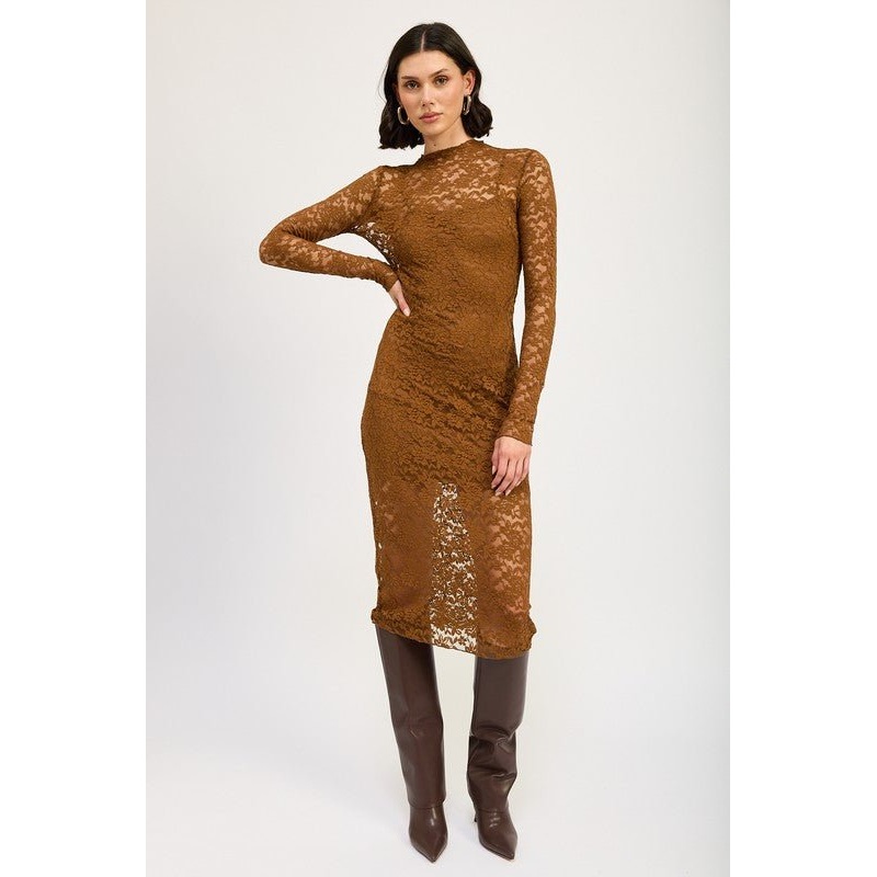 MOCK NECK MIDI LACE DRESS|BLACK|COFFEE|S|M|L