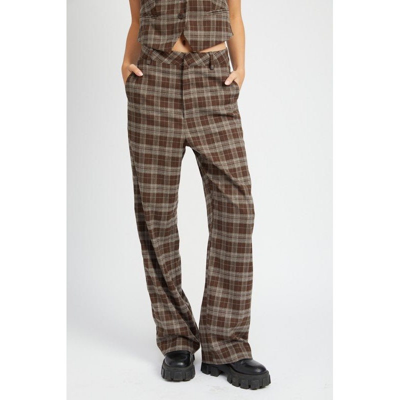 PLAID HIGH WAIST TROUSERS|DARK BROWN|S|M|L