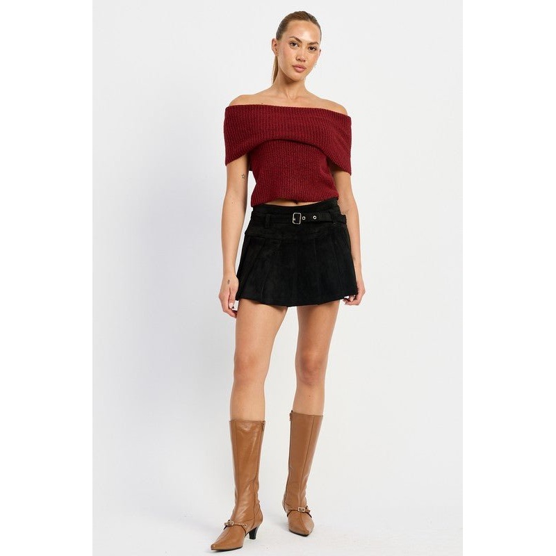 PLEATED SUEDE SKORT WITH BELT|BLACK|S|M|L