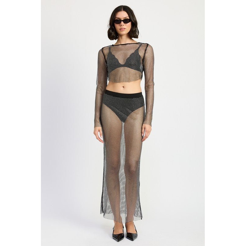 SHEER RHINESTONE MAXI SKIRT|BLACK|S|M|L