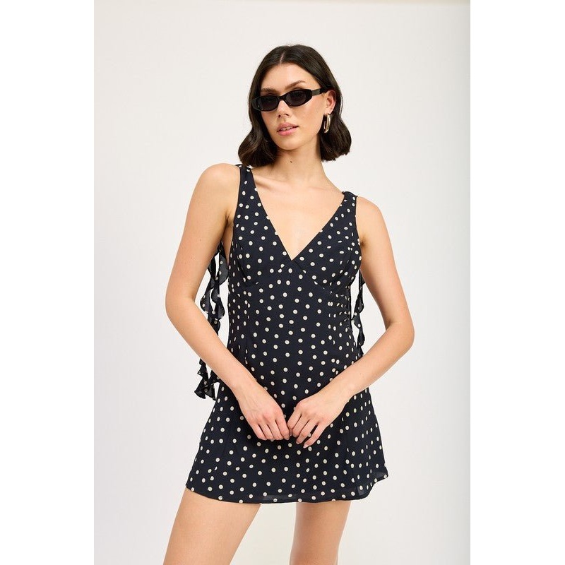 V NECK RUFFLED MINI DRESS|NAVY|S|M|L