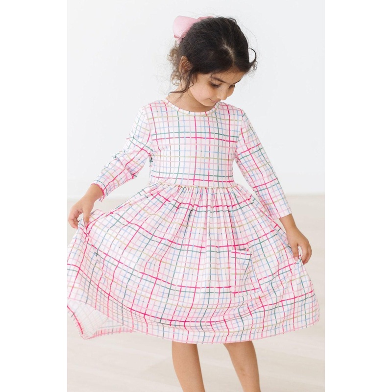 Pink Plaid 3/4 Sleeve Pocket Twirl Dress