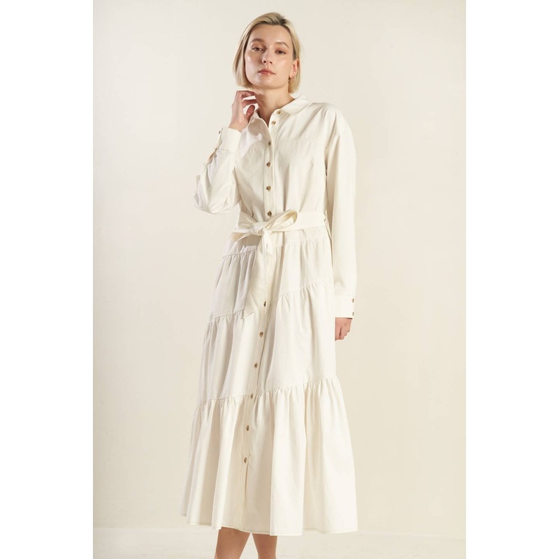 ANYTIME NOW WOVEN TWILL MIDI DRESS