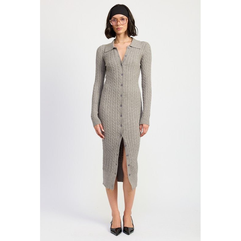BUTTONED LONG SLEEVE CABLE KNIT DRESS