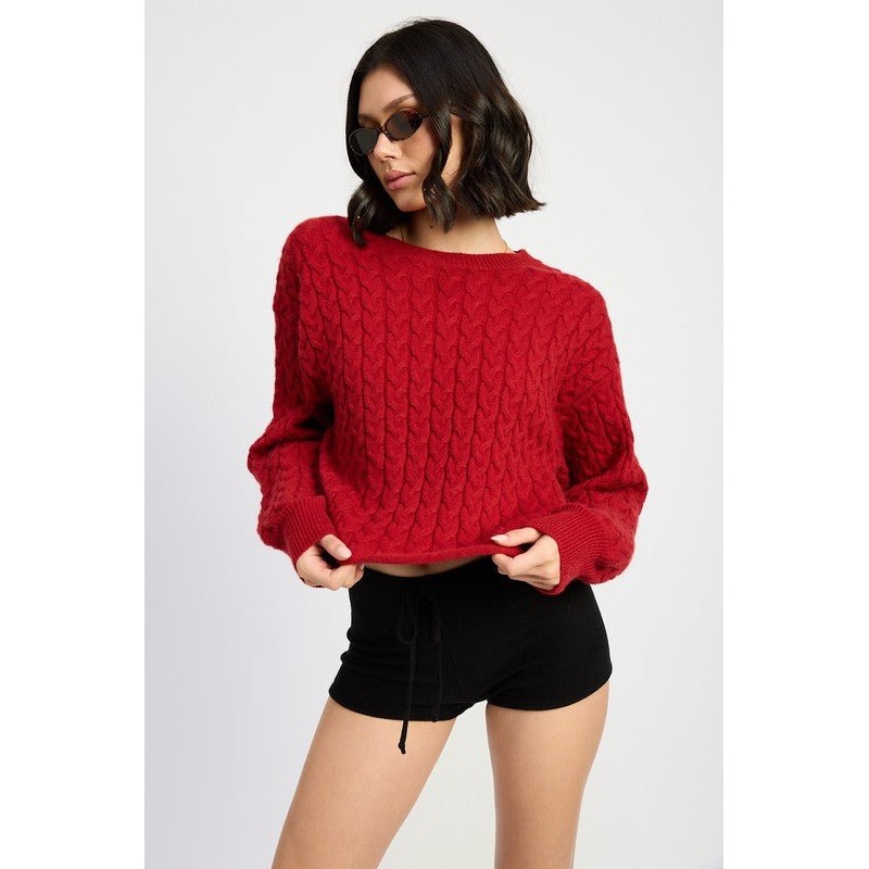 CABLE KNIT CROPPED SWEATER|DARK RED|IVORY|S|M|L
