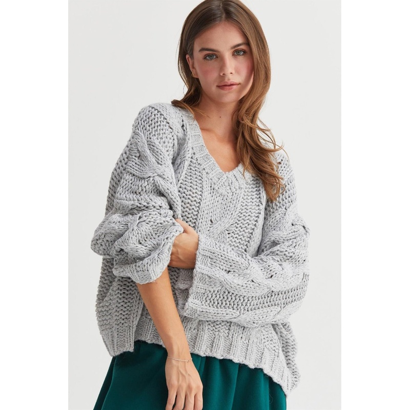 Cable Knit V-Neck Sweater|Gray|S|M|L