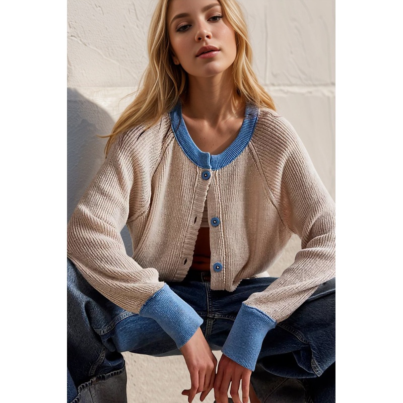 Contrast Button Up Long Sleeve Cardigan