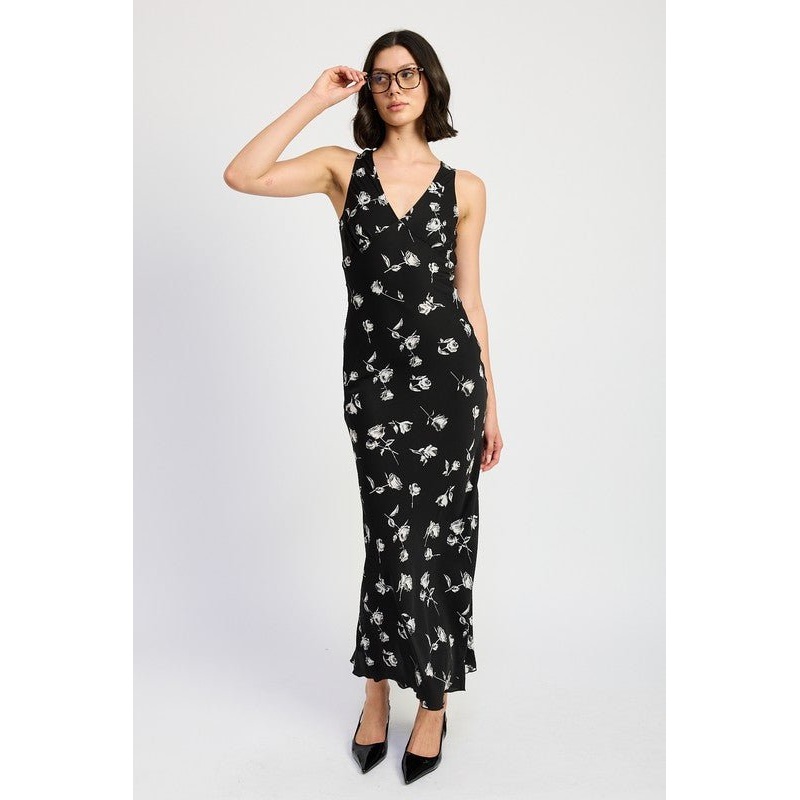 FLORAL V NECK MAXI DRESS|BLACK FLORAL|S|M|L
