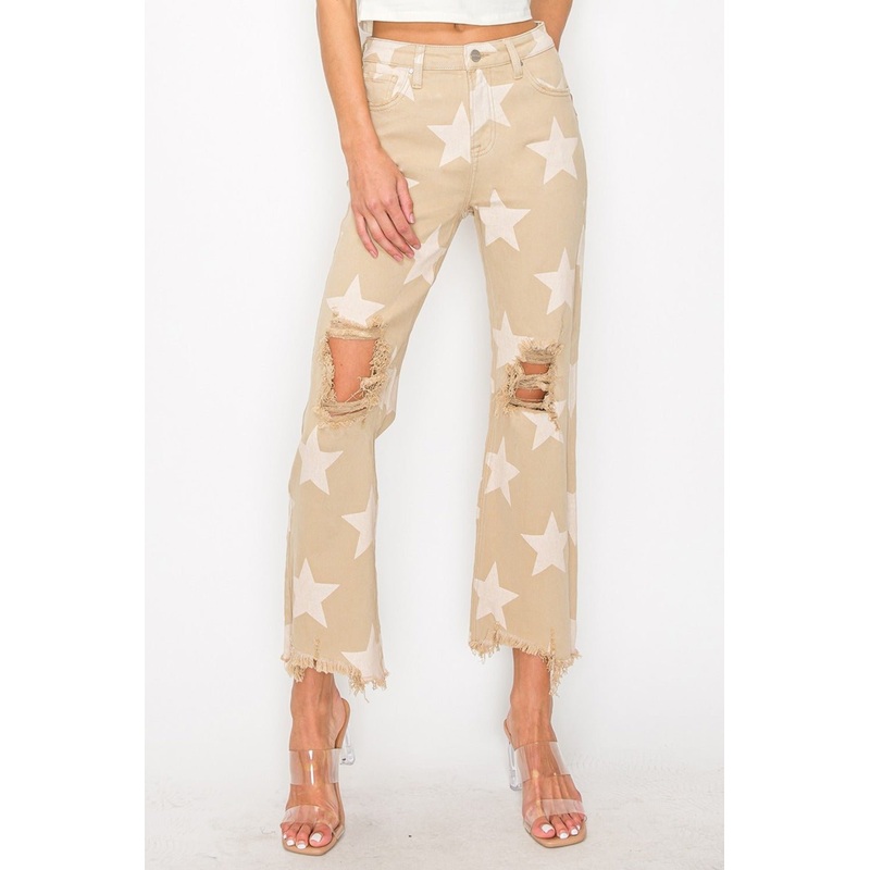 High Rise Star Printed Frayed Hem Jeans