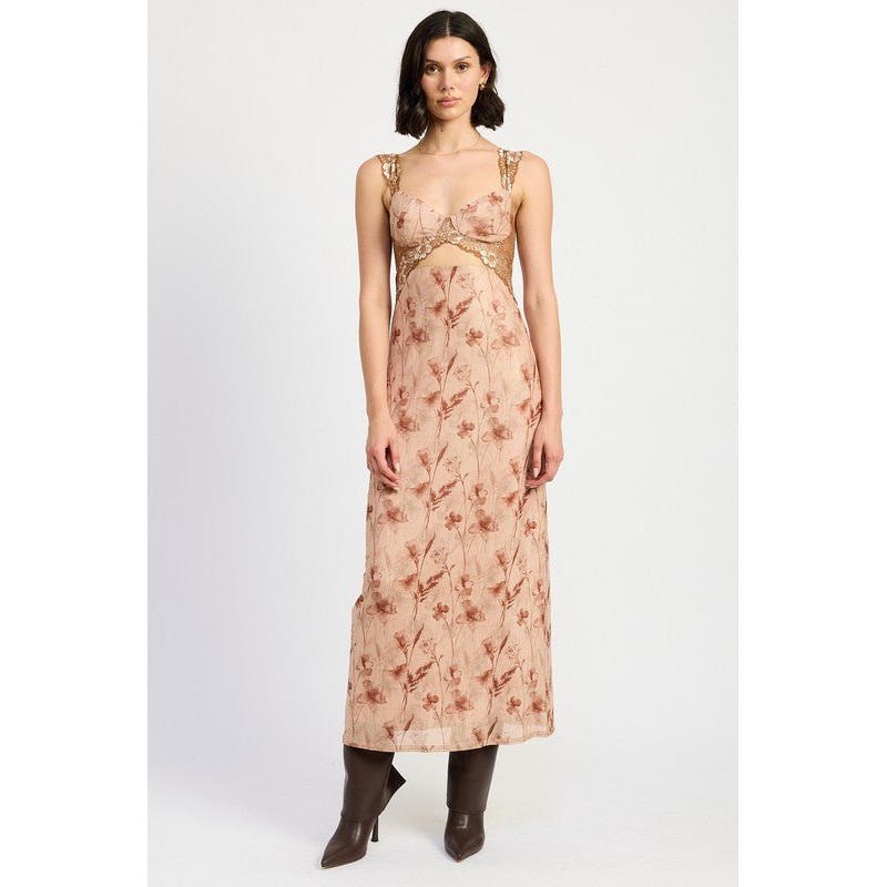 LACE CONTRAST MAXI DRESS|BROWN FLORAL|S|M|L