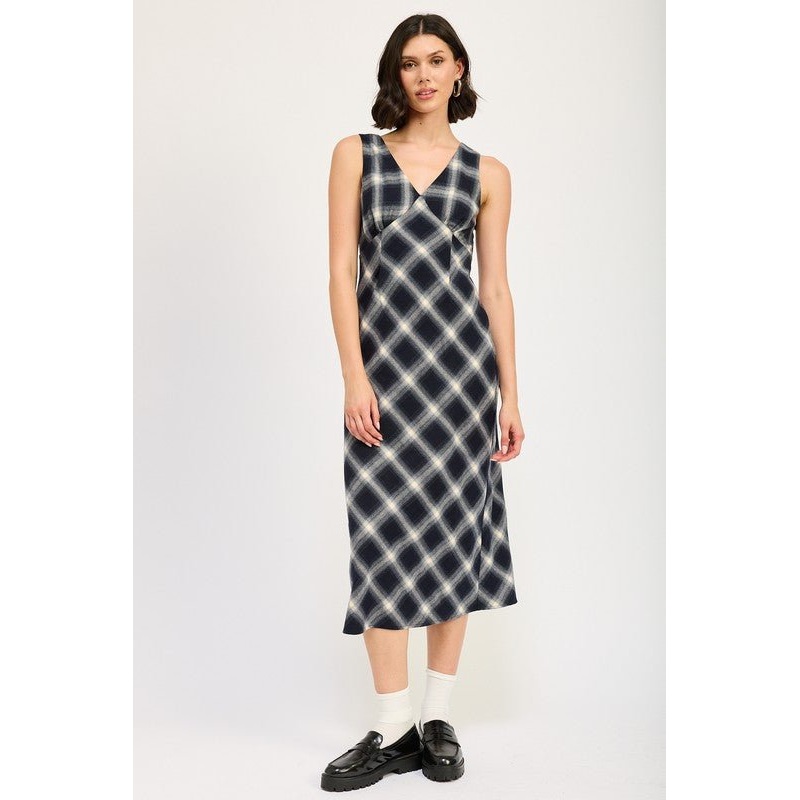PLAID BIAS MAXI DRESS|DK NAVY|S|M|L
