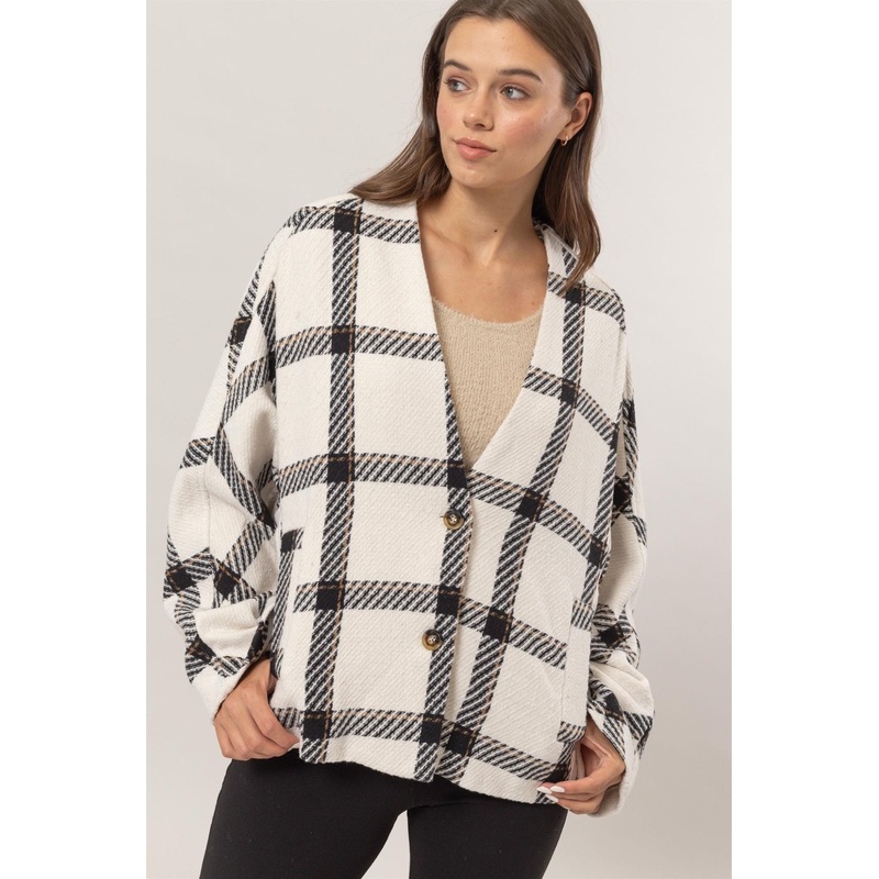 Plaid Long Sleeve Jacket with Side Slit Pockets