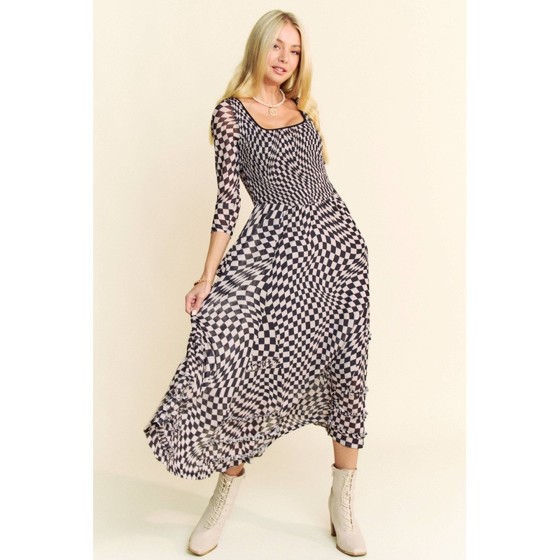 PRINTED CHECKER MESH FLOWY SKIRT MAXI DRESS