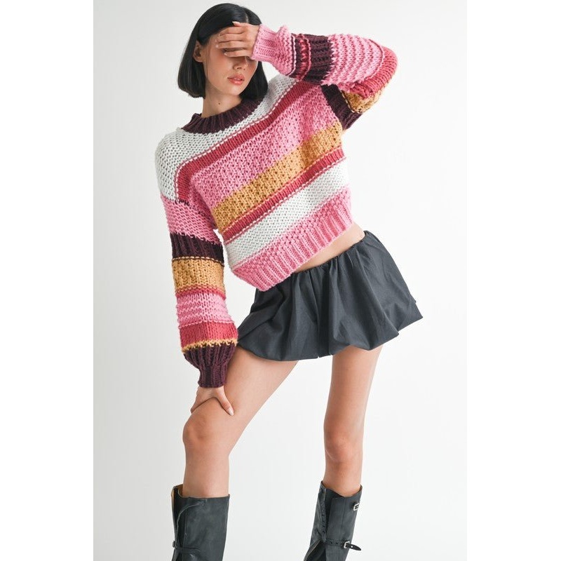 MOCK NECK STRIPED SWEATER|PINK MULTI|S|M|L