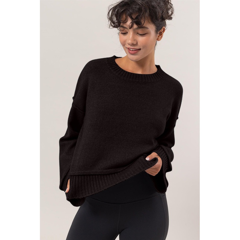 Round Neck Dropped Shoulder Ribbed Sweater