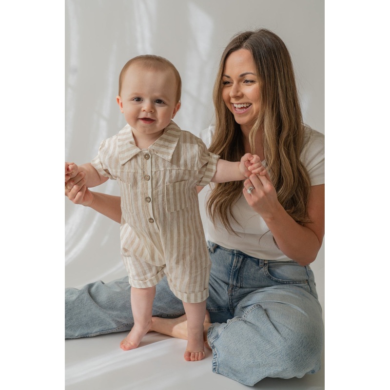 Tan Stripe Button Romper|3-6 months|6-12 months|12-18 months|18-24 months