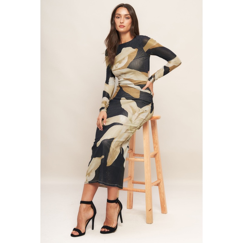 ABSTRACT BOTANICA POWER MESH MIDI DRESS