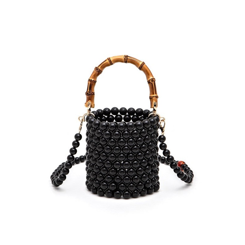 Bamboo Top Handle Beaded Bucket Clutch Bag