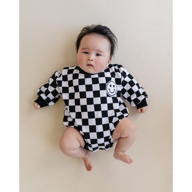 Bubble Romper | Checkered Smiley Black