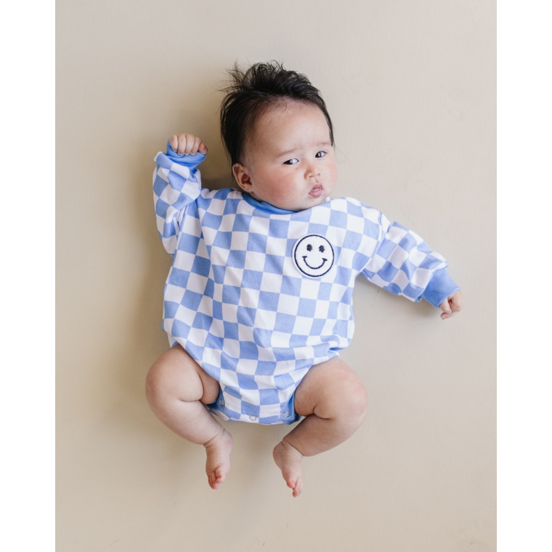 Bubble Romper | Checkered Smiley Blue