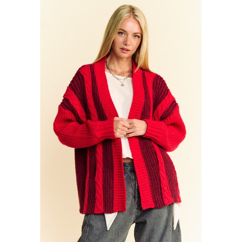 Cable-Knit Color Block Open Front Cardigan