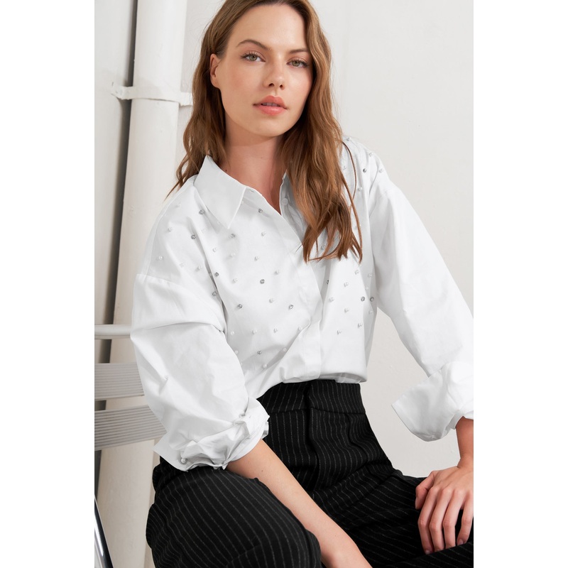 CRYSTAL TOUCH WOVEN SHIRT|WHITE|S|M|L