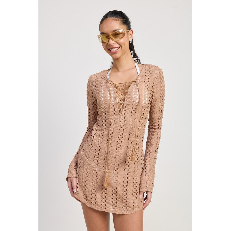 LACE UP COVER UP DRESS|TAN|S|M|L